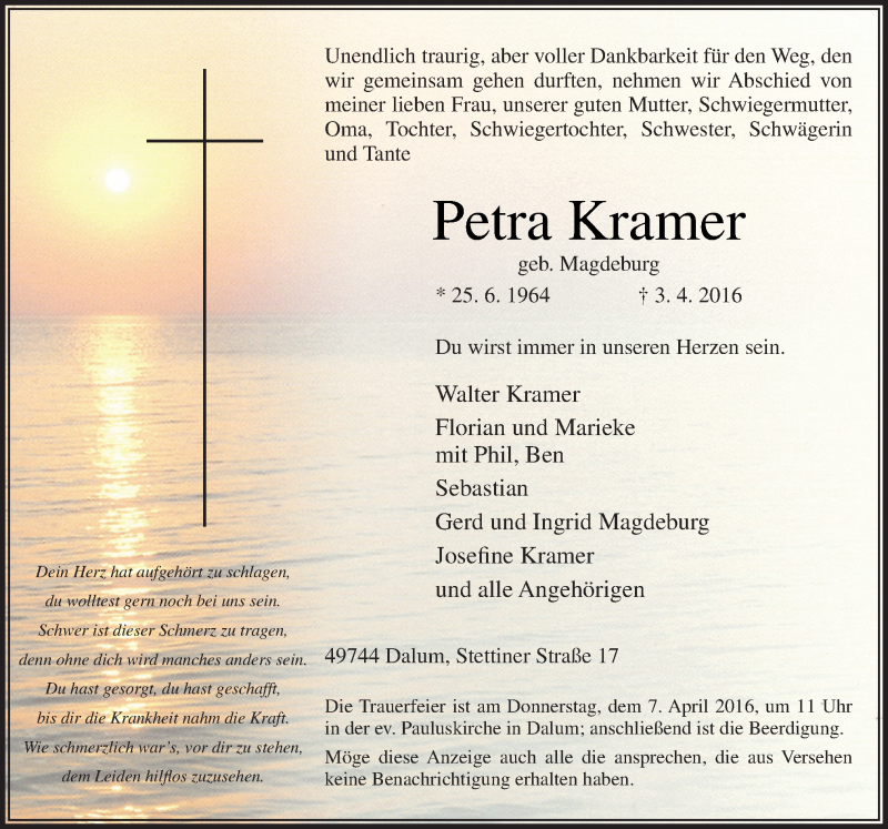  Traueranzeige für Petra Kramer vom 05.04.2016 aus Neue Osnabrücker Zeitung GmbH & Co. KG