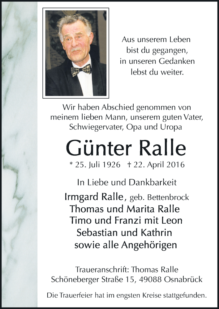  Traueranzeige für Günter Ralle vom 30.04.2016 aus Neue Osnabrücker Zeitung GmbH & Co. KG