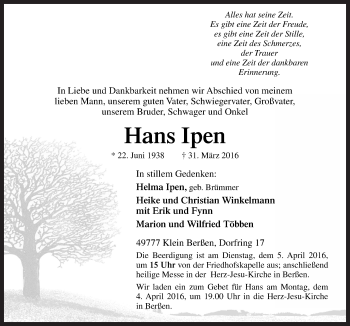 Traueranzeige von Hans Ipen von Neue Osnabrücker Zeitung GmbH & Co. KG