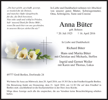 Traueranzeige von Anna Büter von Neue Osnabrücker Zeitung GmbH & Co. KG