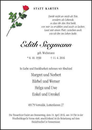 Traueranzeige von Edith Siegmann von Neue Osnabrücker Zeitung GmbH & Co. KG
