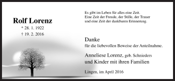 Traueranzeige von Rolf Lorenz von Neue Osnabrücker Zeitung GmbH & Co. KG