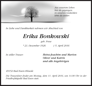 Traueranzeige von Erika Bonkowski von Neue Osnabrücker Zeitung GmbH & Co. KG