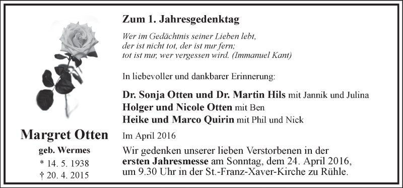  Traueranzeige für Margret Otten vom 23.04.2016 aus Neue Osnabrücker Zeitung GmbH & Co. KG