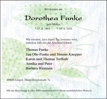 Traueranzeige von Dorothea Funke von Neue Osnabrücker Zeitung GmbH & Co. KG