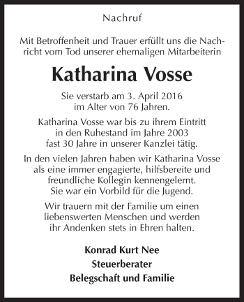 Traueranzeige von Katharina Vosse von Neue Osnabrücker Zeitung GmbH & Co. KG