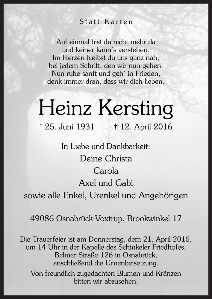  Traueranzeige für Heinz Kersting vom 16.04.2016 aus Neue Osnabrücker Zeitung GmbH & Co. KG