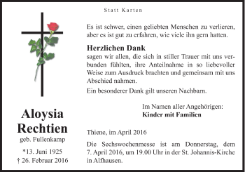 Traueranzeige von Aloysia Rechtien von Neue Osnabrücker Zeitung GmbH & Co. KG