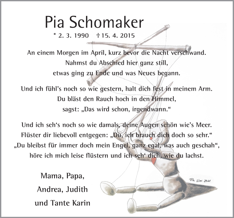  Traueranzeige für Pia Schomaker vom 15.04.2016 aus Neue Osnabrücker Zeitung GmbH & Co. KG