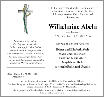 Traueranzeige von Wilhelmine Abeln von Neue Osnabrücker Zeitung GmbH & Co. KG