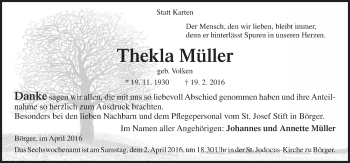 Traueranzeige von Thekla Müller von Neue Osnabrücker Zeitung GmbH & Co. KG