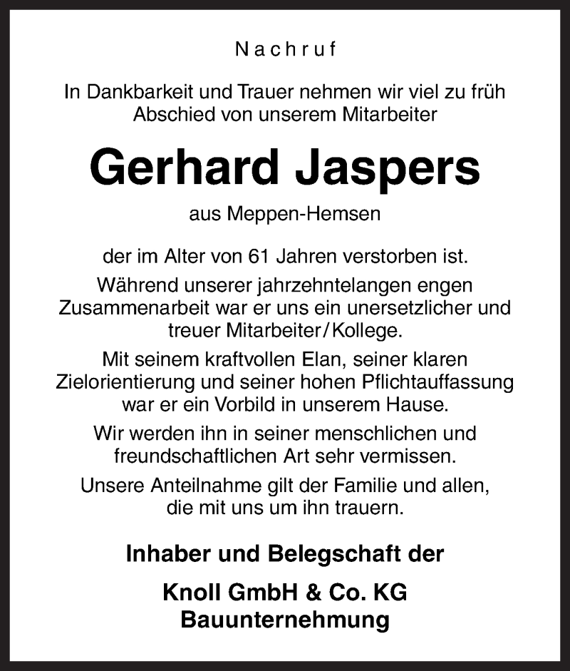  Traueranzeige für Gerhard Jaspers vom 20.04.2016 aus Neue Osnabrücker Zeitung GmbH & Co. KG