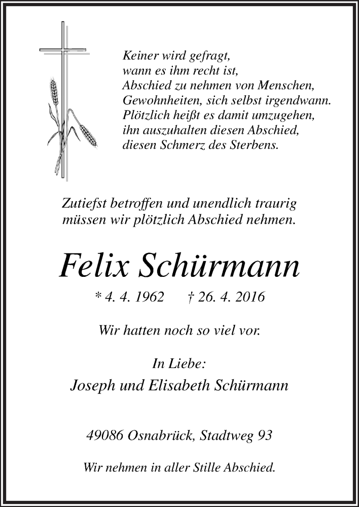  Traueranzeige für Felix Schürmann vom 28.04.2016 aus Neue Osnabrücker Zeitung GmbH & Co. KG