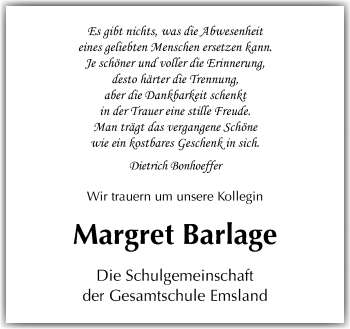 Traueranzeige von Margret Barlage von Neue Osnabrücker Zeitung GmbH & Co. KG