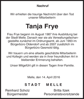 Traueranzeige von Tanja Frye von Neue Osnabrücker Zeitung GmbH & Co. KG