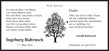 Traueranzeige von Ingeburg Baltrusch von Neue Osnabrücker Zeitung GmbH & Co. KG