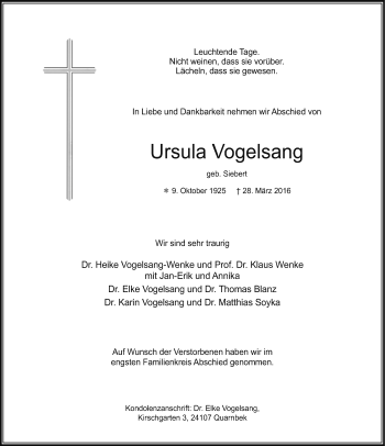 Traueranzeige von Ursula Vogelsang von Neue Osnabrücker Zeitung GmbH & Co. KG