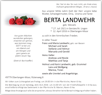 Traueranzeige von Berta Landwehr von Neue Osnabrücker Zeitung GmbH & Co. KG