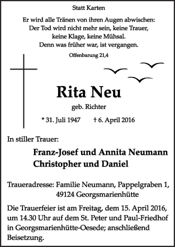 Traueranzeige von Rita Neu von Neue Osnabrücker Zeitung GmbH & Co. KG