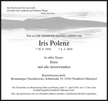 Traueranzeige von Iris Polenz von Neue Osnabrücker Zeitung GmbH & Co. KG