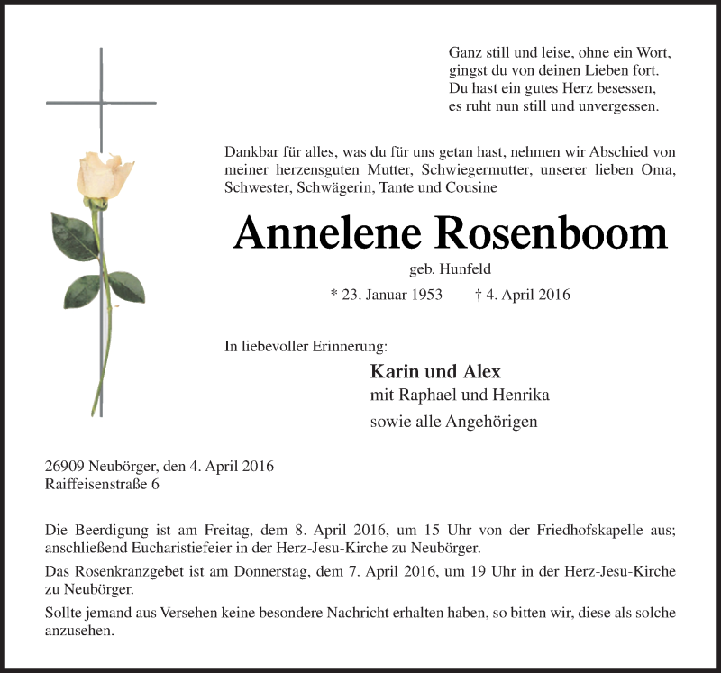  Traueranzeige für Annelene Rosenboom vom 07.04.2016 aus Neue Osnabrücker Zeitung GmbH & Co. KG