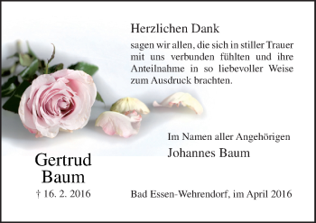 Traueranzeige von Gertrud Baum von Neue Osnabrücker Zeitung GmbH & Co. KG