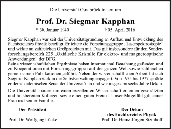 Traueranzeige von Siegmar Kapphan von Neue Osnabrücker Zeitung GmbH & Co. KG