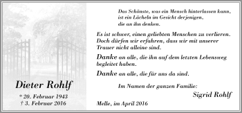 Traueranzeige von Dieter Rohlf von Neue Osnabrücker Zeitung GmbH & Co. KG