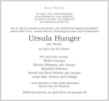 Traueranzeige von Ursula Hunger von Neue Osnabrücker Zeitung GmbH & Co. KG