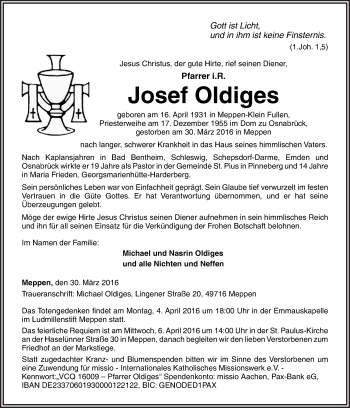 Traueranzeige von Josef Oldiges von Neue Osnabrücker Zeitung GmbH & Co. KG