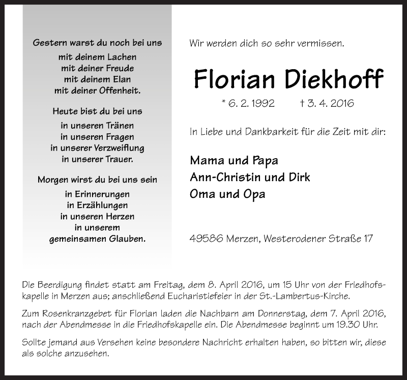  Traueranzeige für Florian Diekhoff vom 06.04.2016 aus Neue Osnabrücker Zeitung GmbH & Co. KG