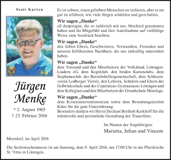 Traueranzeige von Jürgen Menke von Neue Osnabrücker Zeitung GmbH & Co. KG