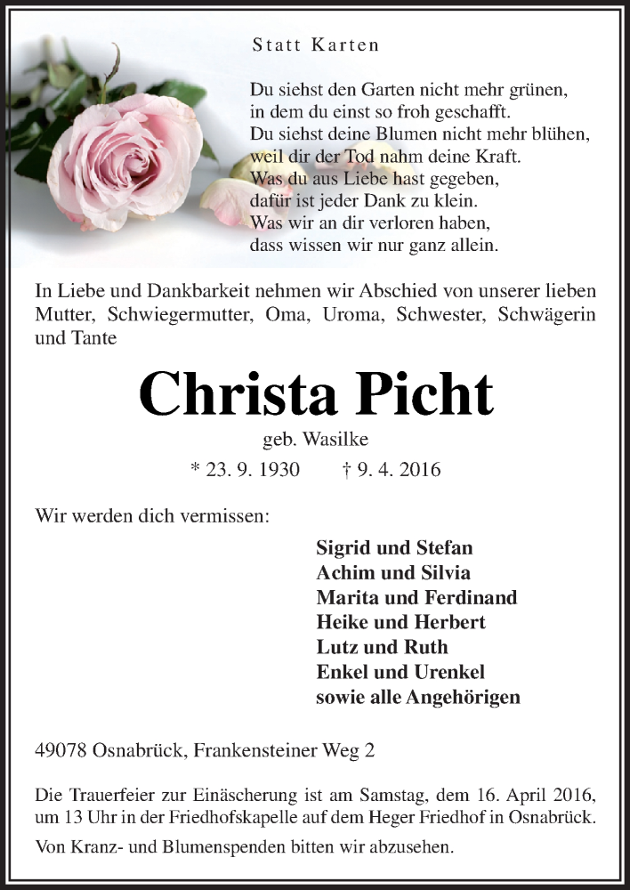  Traueranzeige für Christa Picht vom 12.04.2016 aus Neue Osnabrücker Zeitung GmbH & Co. KG