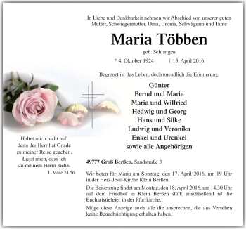 Traueranzeige von Maria Többen von Neue Osnabrücker Zeitung GmbH & Co. KG