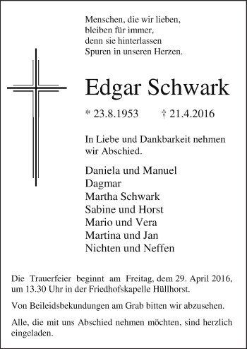 Traueranzeige von Edgar Schwark von Neue Osnabrücker Zeitung GmbH & Co. KG
