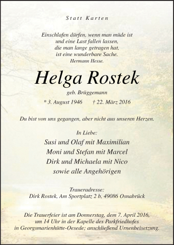 Traueranzeige von Helga Rostek von Neue Osnabrücker Zeitung GmbH & Co. KG