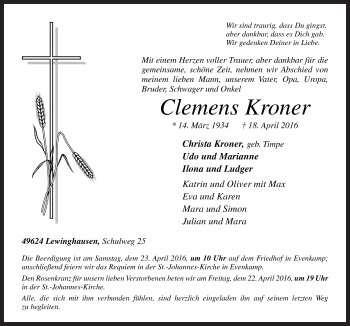 Traueranzeige von Clemens Kroner von Neue Osnabrücker Zeitung GmbH & Co. KG