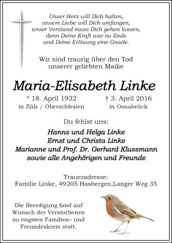 Traueranzeige von Maria-Elisabeth Linke von Neue Osnabrücker Zeitung GmbH & Co. KG