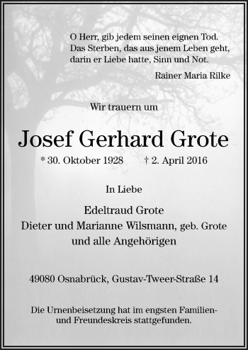 Traueranzeige von Josef Gerhard Grote von Neue Osnabrücker Zeitung GmbH & Co. KG