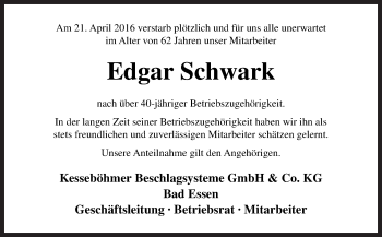 Traueranzeige von Edgar Schwark von Neue Osnabrücker Zeitung GmbH & Co. KG