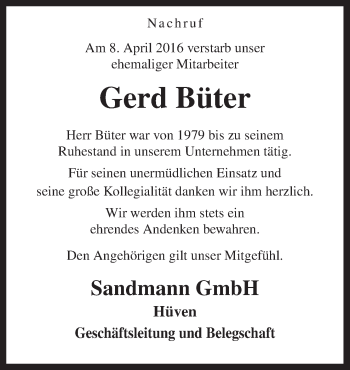 Traueranzeige von Gerd Büter von Neue Osnabrücker Zeitung GmbH & Co. KG