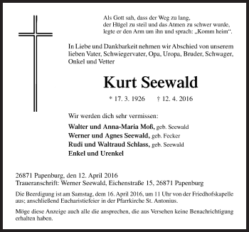 Traueranzeige von Kurt Seewald von Neue Osnabrücker Zeitung GmbH & Co. KG