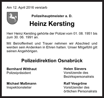 Traueranzeige von Heinz Kersting von Neue Osnabrücker Zeitung GmbH & Co. KG