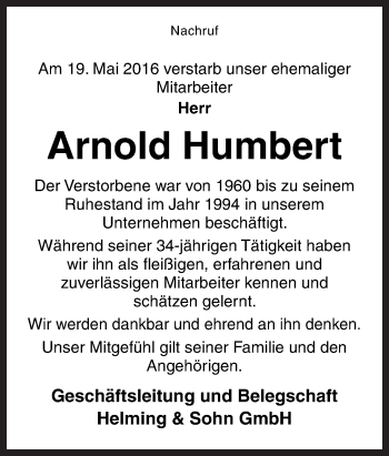 Traueranzeige von Arnold Humbert von Neue Osnabrücker Zeitung GmbH & Co. KG