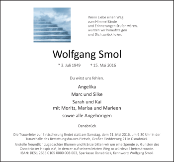 Traueranzeige von Wolfgang Smol von Neue Osnabrücker Zeitung GmbH & Co. KG