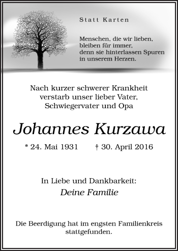 Traueranzeige von Johannes Kurzawa von Neue Osnabrücker Zeitung GmbH & Co. KG