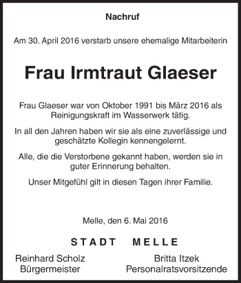 Traueranzeige von Irmtraut Glaeser von Neue Osnabrücker Zeitung GmbH & Co. KG