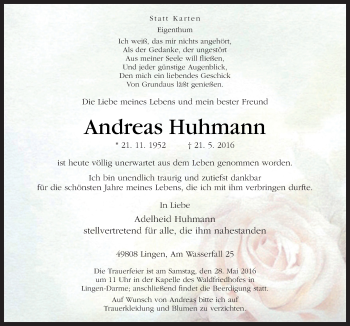 Traueranzeige von Andreas Huhmann von Neue Osnabrücker Zeitung GmbH & Co. KG