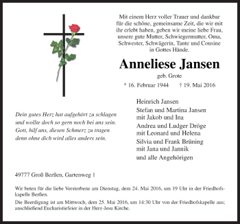 Traueranzeige von Anneliese Jansen von Neue Osnabrücker Zeitung GmbH & Co. KG