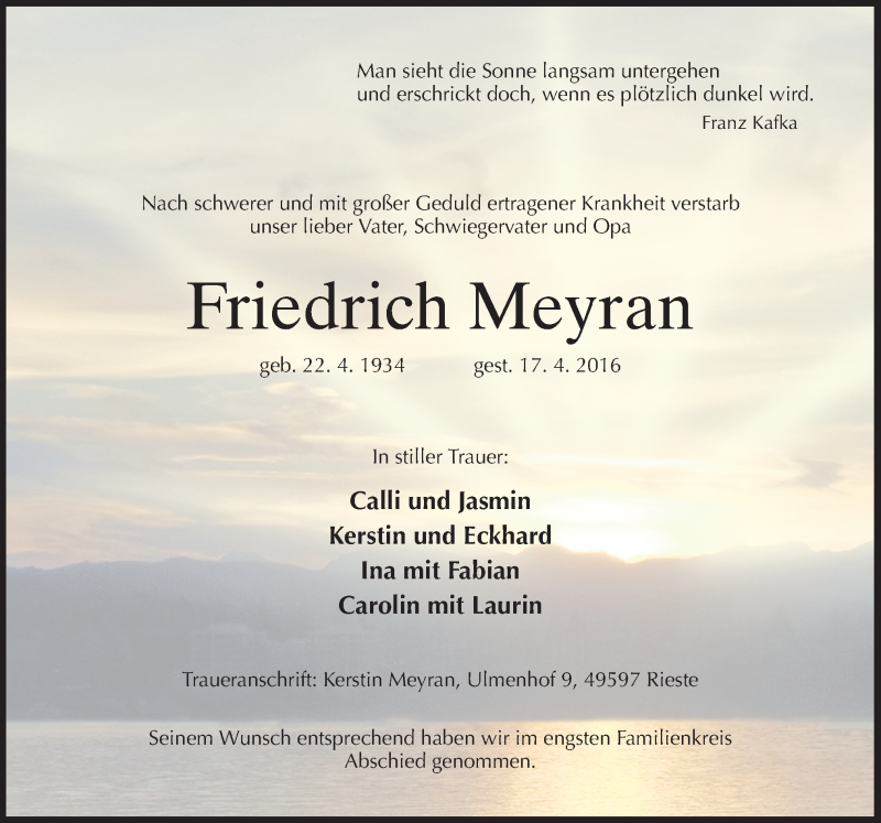  Traueranzeige für Friedrich Meyran vom 07.05.2016 aus Neue Osnabrücker Zeitung GmbH & Co. KG